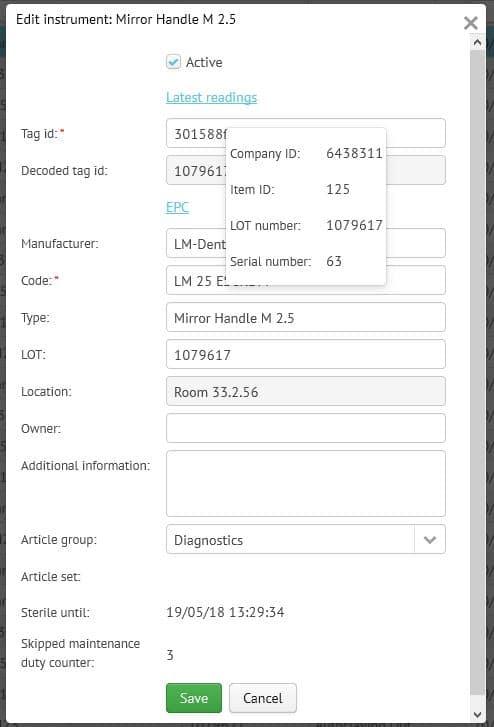 A screenshot to show the details of ever instrument including EPC code status an history is available in the cloud database